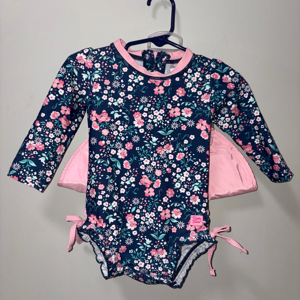 Ruffle Butts Navy Pink Floral Swim Suit 12-18 M & Pink Rugged Butts Hat 12-24 M